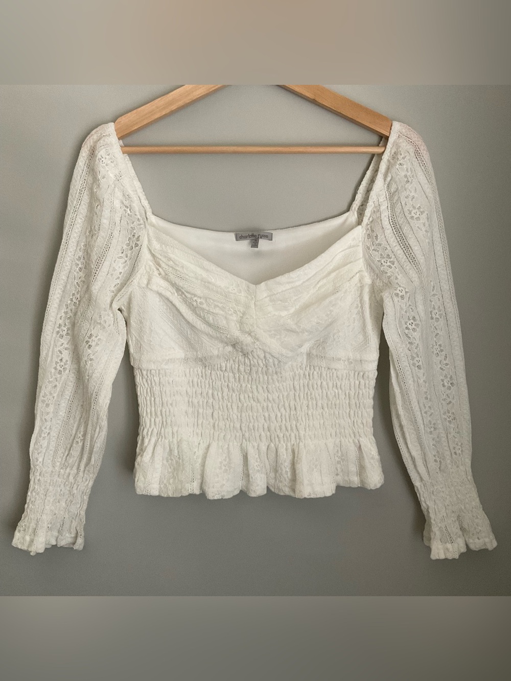 Charlotte Russe White Lace Smocked Peplum long sleeve Blouse